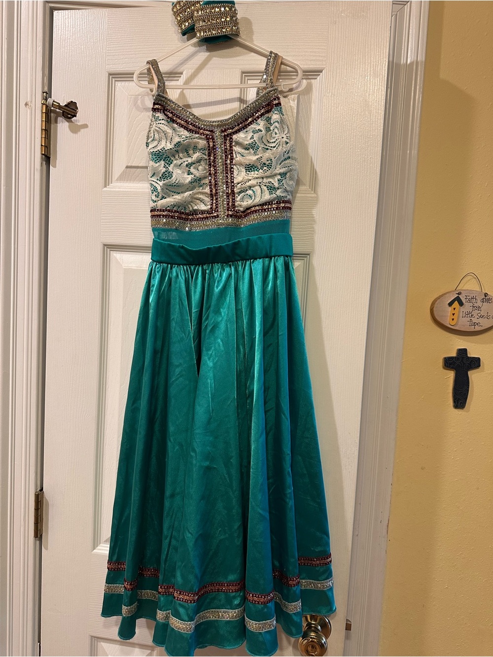 Embellished Teal Satin Fit-and-Flare Dress